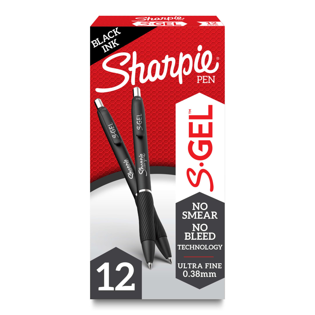 Sharpie® S-Gel, Gel Pens, Ultra Fine Point (0.38mm), Black, 12 Count