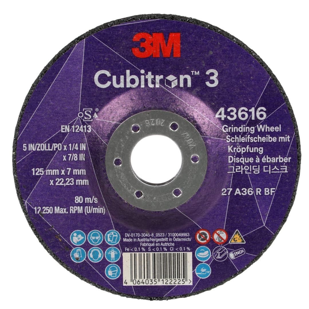 3M™ Cubitron™ 3 Bombeli Taşlama Taşı, 43616, 36, T27, 125 mm x 7 mm x 22,23 mm, Oymaya Özel EN, 10/Paket, 20 adet/Kutu
