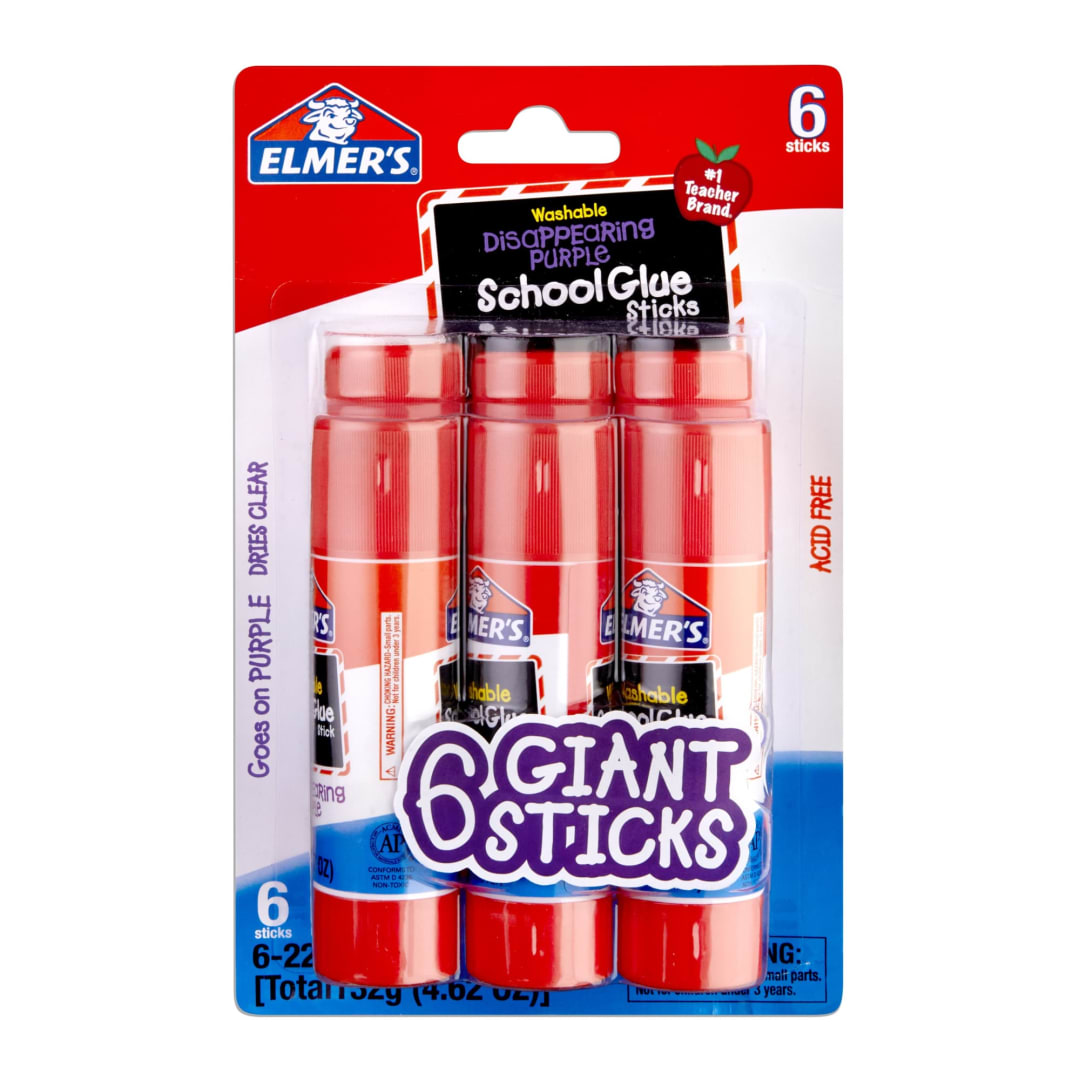 Elmer's Disappearing Purple School Glue Sticks, Washable, Giant Glue Sticks, 0.77 oz. each, 6 Count