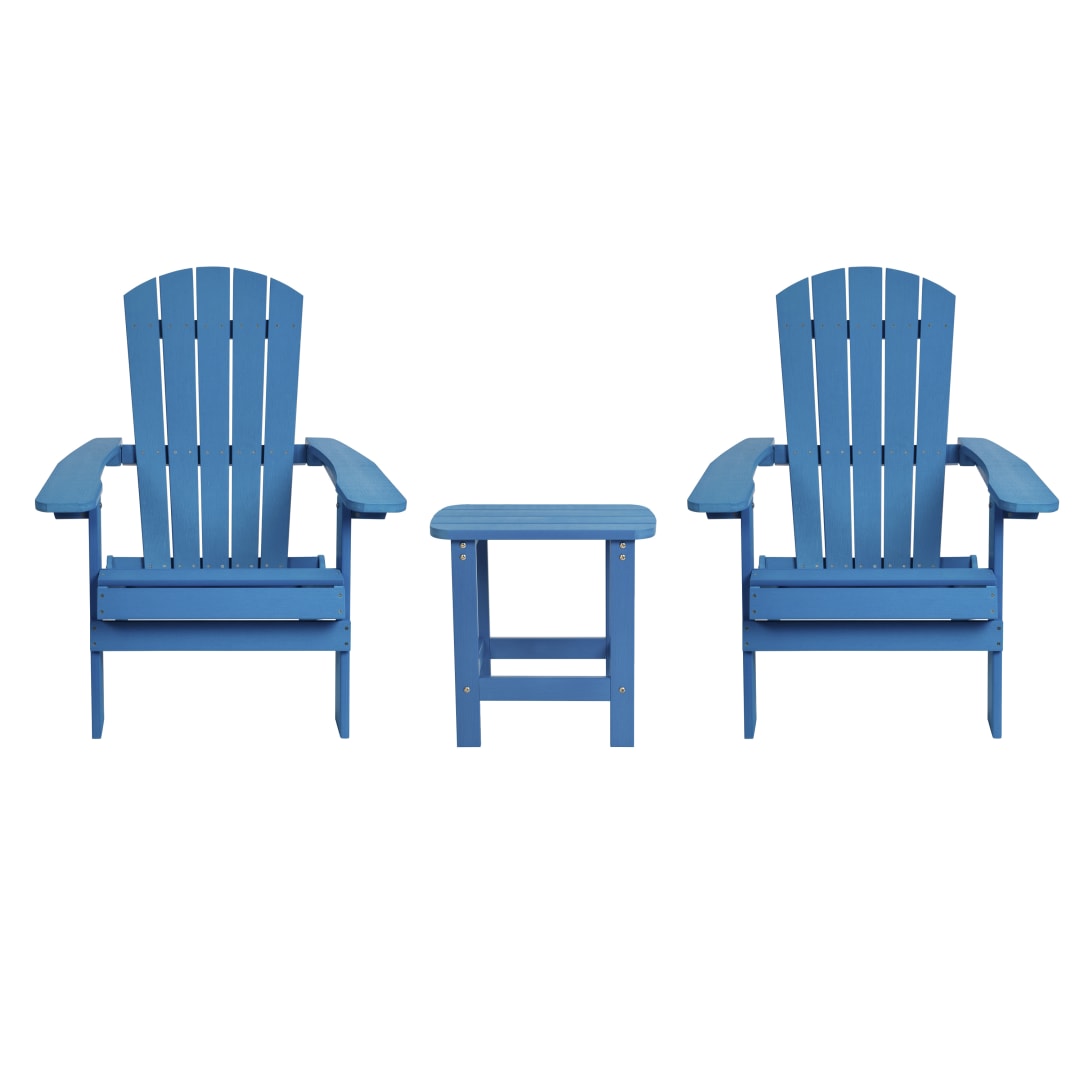 2 Pack Charlestown Commercial All-Weather Poly Resin Folding Adirondack Chairs with Side Table in Blue