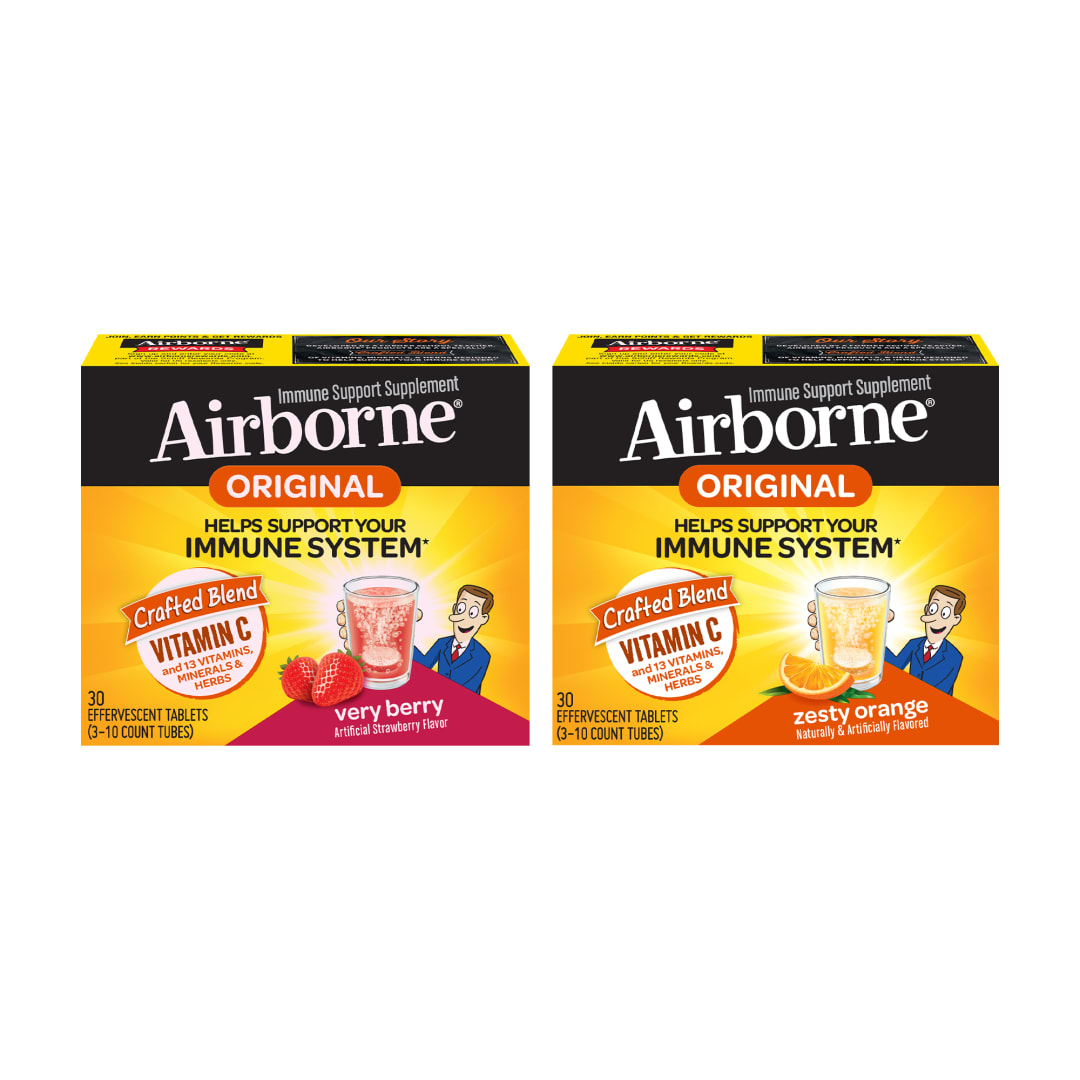 Vitamin C 1000mg - Airborne Effervescent Tablet Bundle, Very Berry Tablets (30 count in a box) & Zesty Orange Tablets (30 count in a box), Gluten-Free Immune Support Supplement, High In Antioxidants