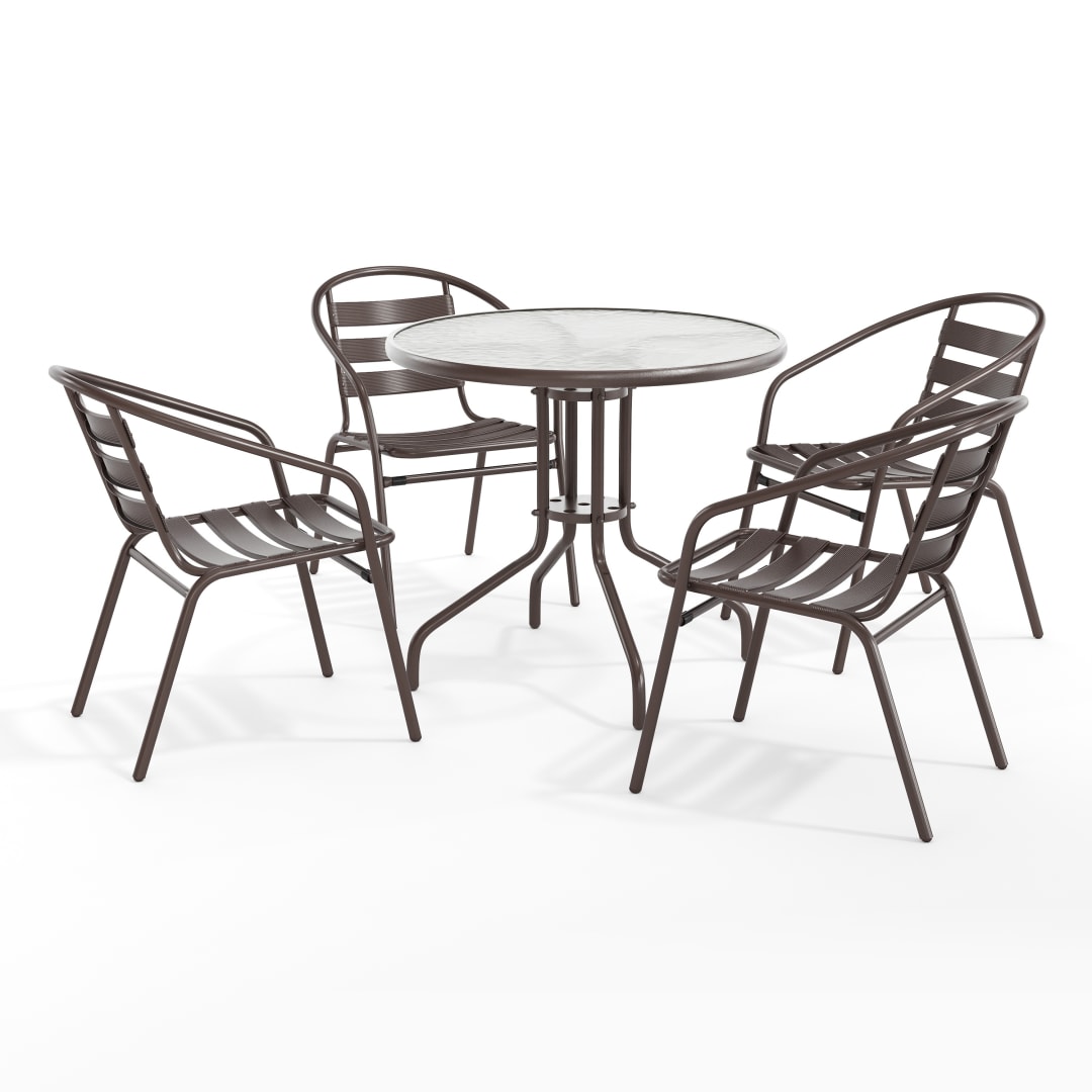 Lila 31.5'' Round Glass Top Metal Table with 4 Bronze Aluminum Slat Stack Chairs
