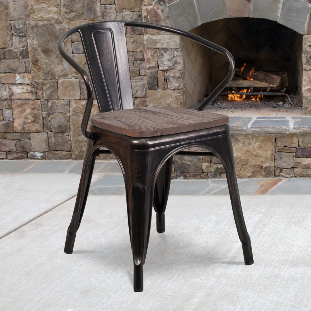 Luna Black-Antique Gold Metal Chair with Wood Seat and Arms