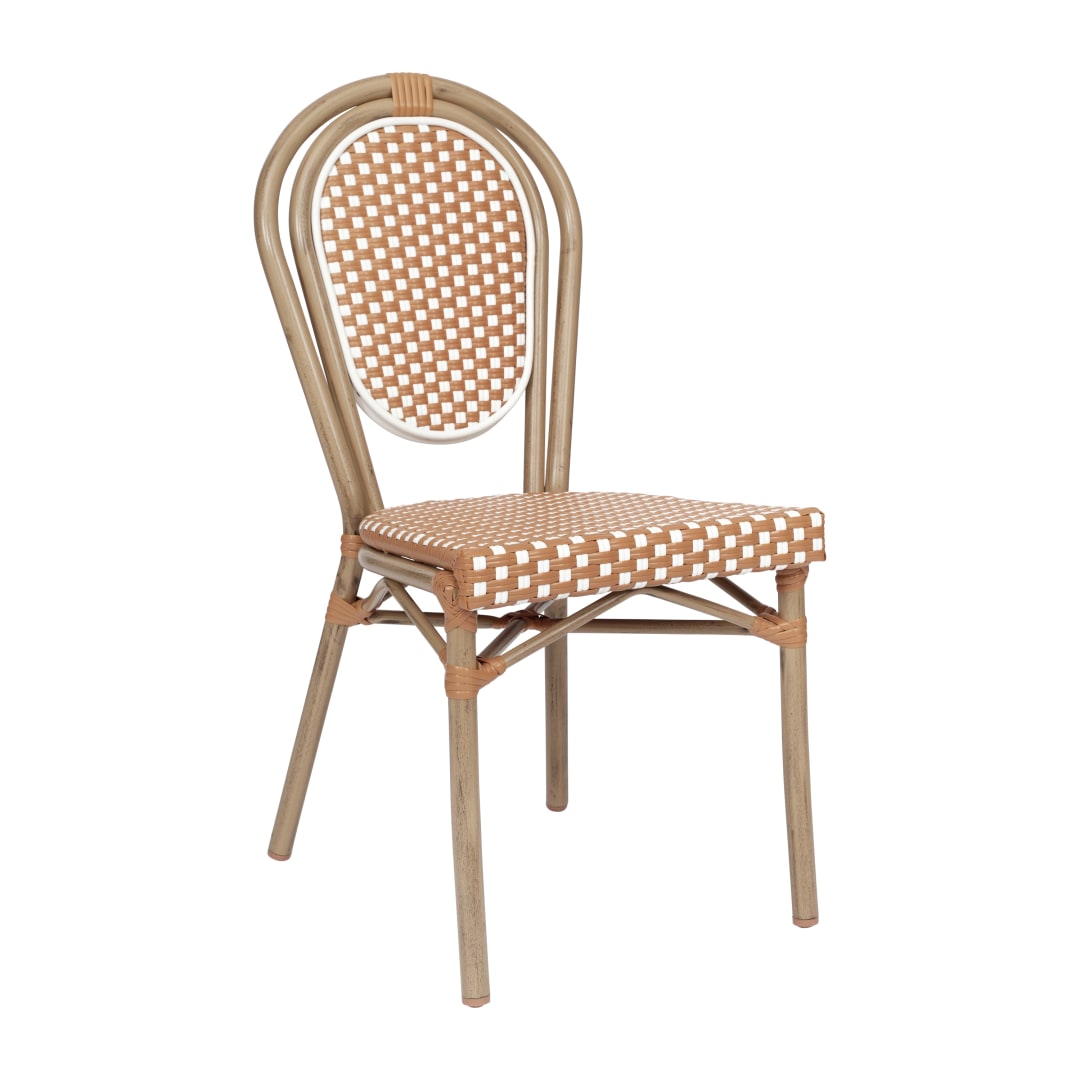 Lourdes Indoor/Outdoor Commercial Thonet Bistro Stacking Chair, Natural/White PE Rattan and Bamboo Print Aluminum Frame in Light Natural