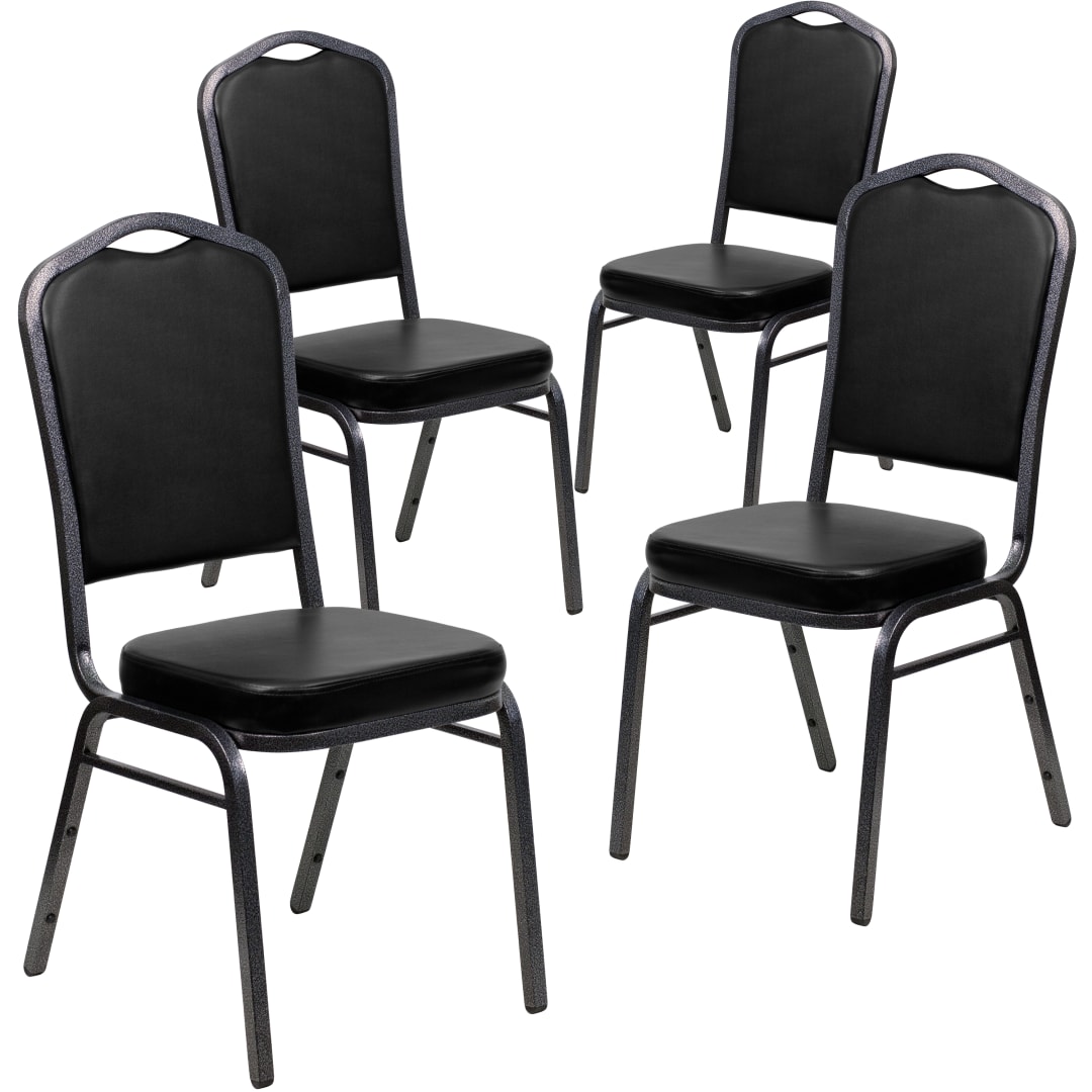 4 Pack HERCULES Series Crown Back Stacking Banquet Chair in Black Vinyl - Silver Vein Frame