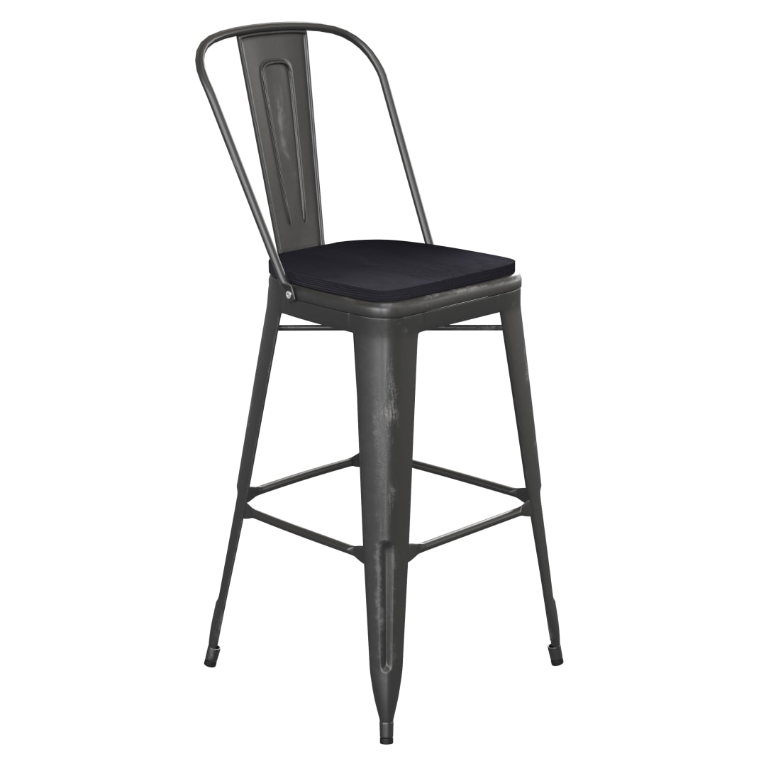 Carly Commercial Grade 30" High Black Metal Indoor-Outdoor Barstool with Back with Black Poly Resin Wood Seat