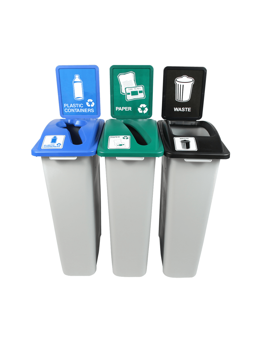  WASTE WATCHER - Triple - Kit - Oregon Compliant - Plastic Containers-Paper-Waste - Mixed-Slot-Full - Grey-Blue-Green-Black