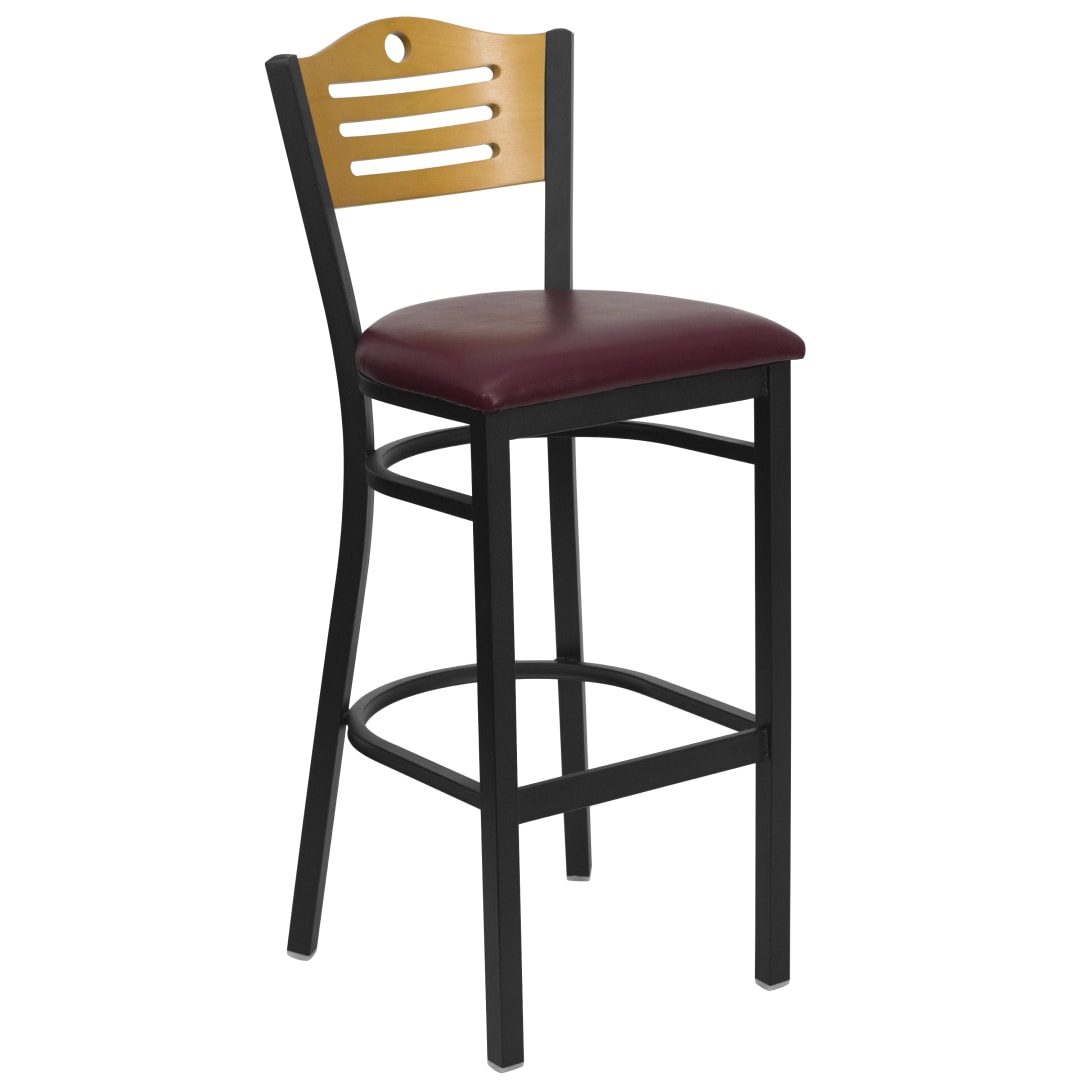 HERCULES Series Black Slat Back Metal Restaurant Barstool - Natural Wood Back, Burgundy Vinyl Seat
