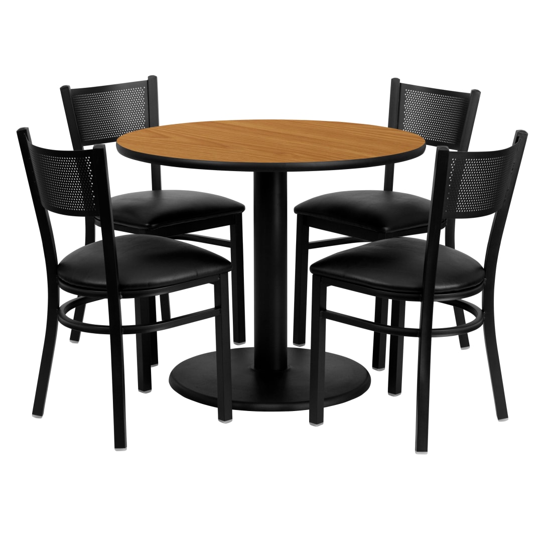 Clark 36'' Round Natural Laminate Table Set with 4 Grid Back Metal Chairs - Black Vinyl Seat