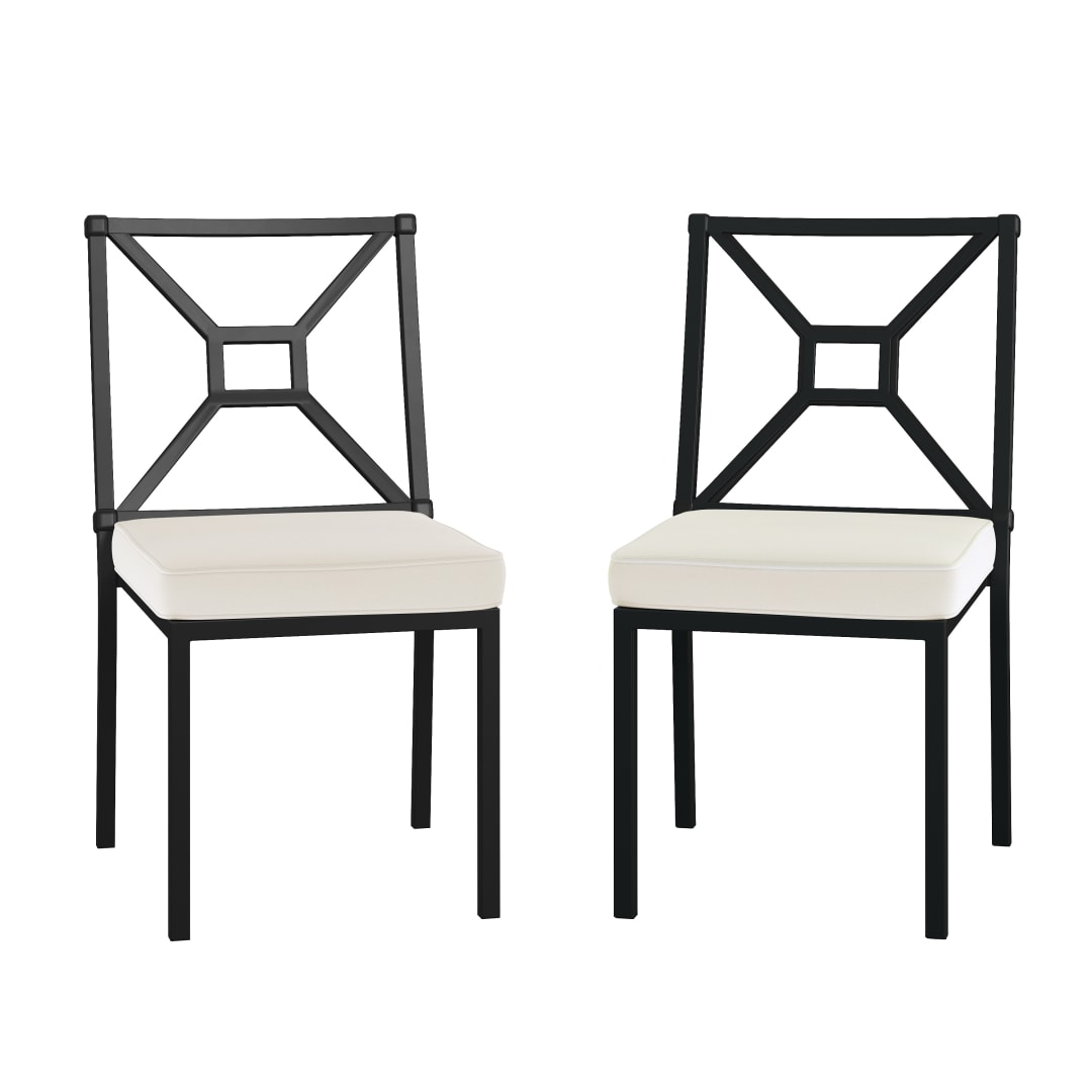 Lily Pond Set of 2 Indoor-Outdoor Stackable Patio Side Dining Chairs with Steel Frames in Black with Cream All-Weather Cushions
