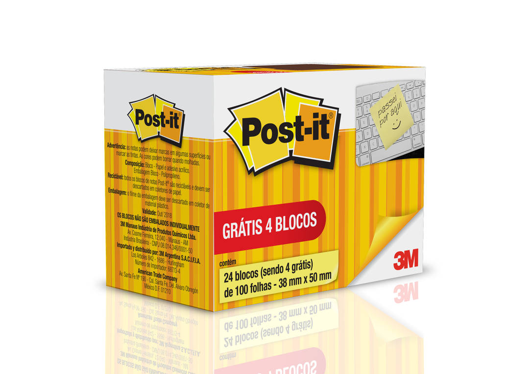Bloco de Notas Adesivas Post-it®, Amarelo, 38 mm x 50 mm, 24 Blocos, 100 Folhas/ 1 Bloco (4 Blocos Grátis)