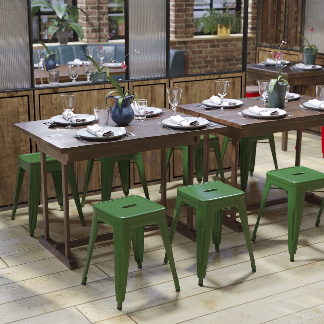 18" Table Height Stool, Stackable Backless Metal Indoor Dining Stool, Commercial Grade Restaurant Stool in Green - Set of 4