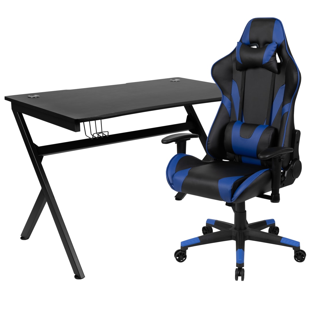 Optis Black Gaming Desk and Blue/Black Reclining Gaming Chair Set with Cup Holder, Headphone Hook &amp; 2 Wire Management Holes