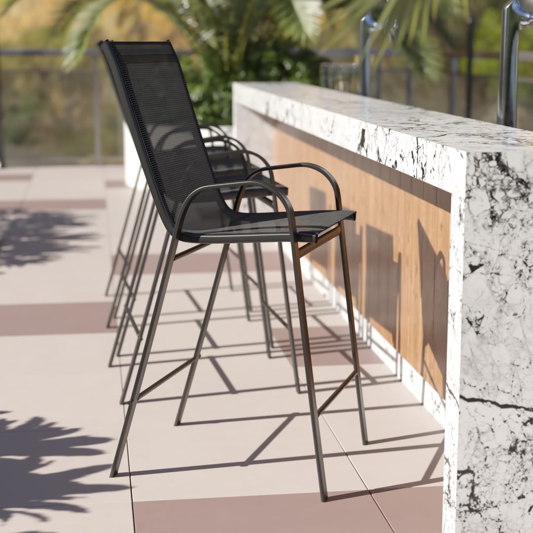 4 Pack Brazos Series Black Outdoor Barstool with Flex Comfort Material and Metal Frame