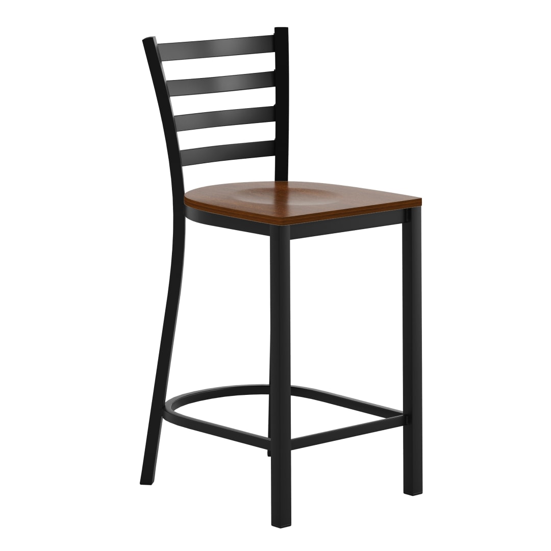HERCULES Black Ladder Back Metal Restaurant Counter Stool - Cherry Wood Seat