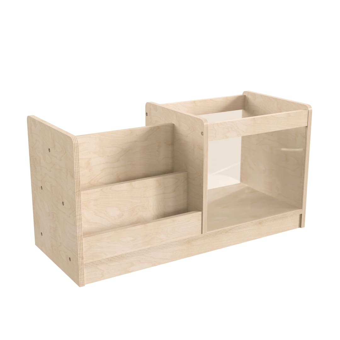 Bright Beginnings Commercial Grade Modular Double Sided 2 Tier Wooden Classroom Book Display Shelf with Transparent Storage Bin, Natural