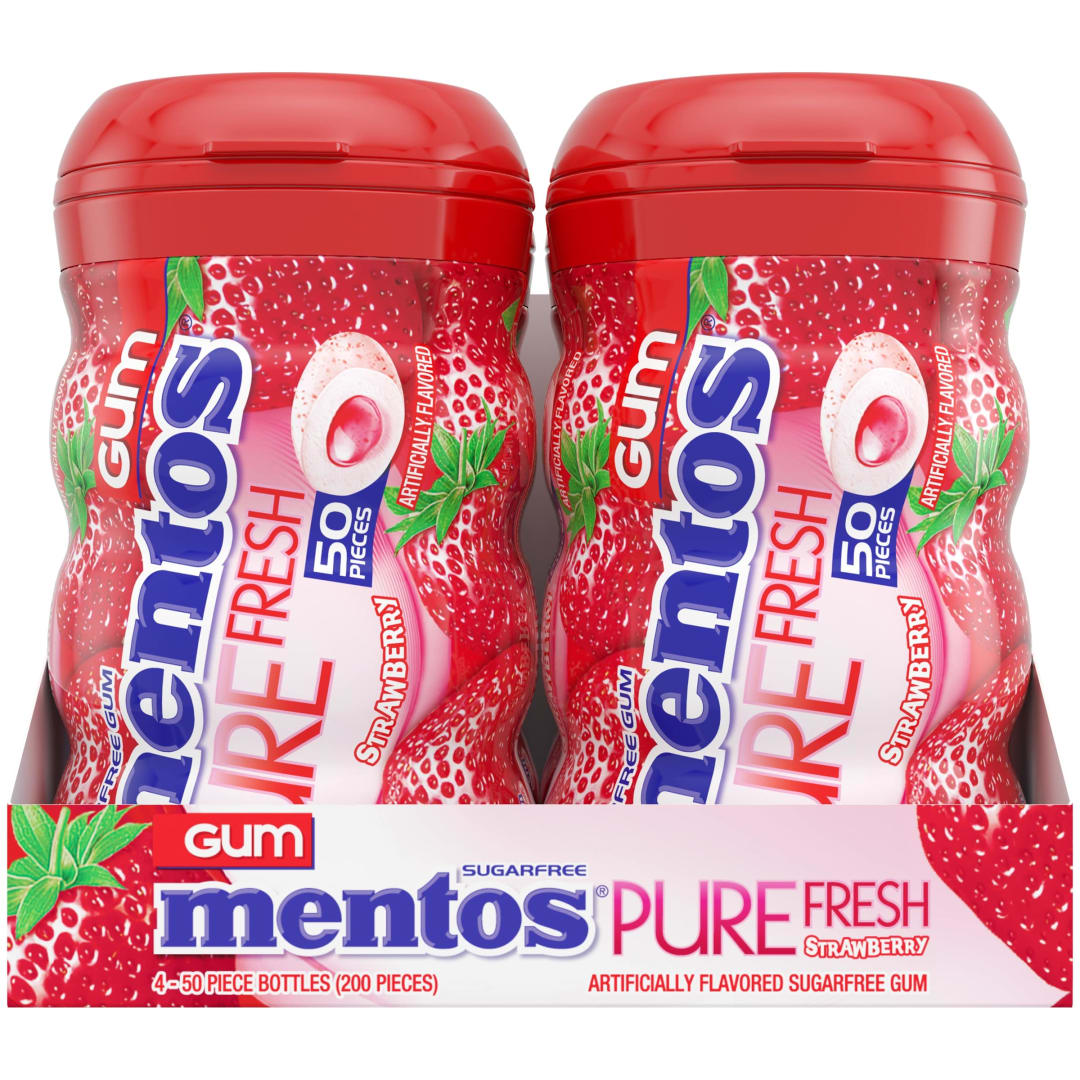 Mentos Gum Pure Fresh Sugar Free Chewing Gum Strawberry 50 pc Curvy Bottles - 4 Pack