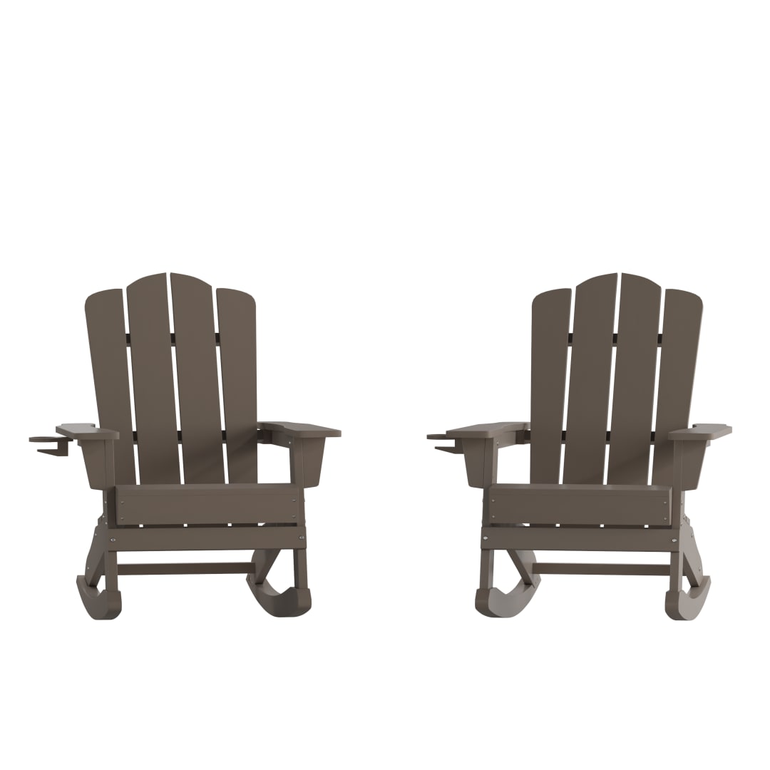 Newport Adirondack Rocking Chair with Cup Holder, Weather Resistant HDPE Adirondack Rocking Chair in Brown, Set of 2