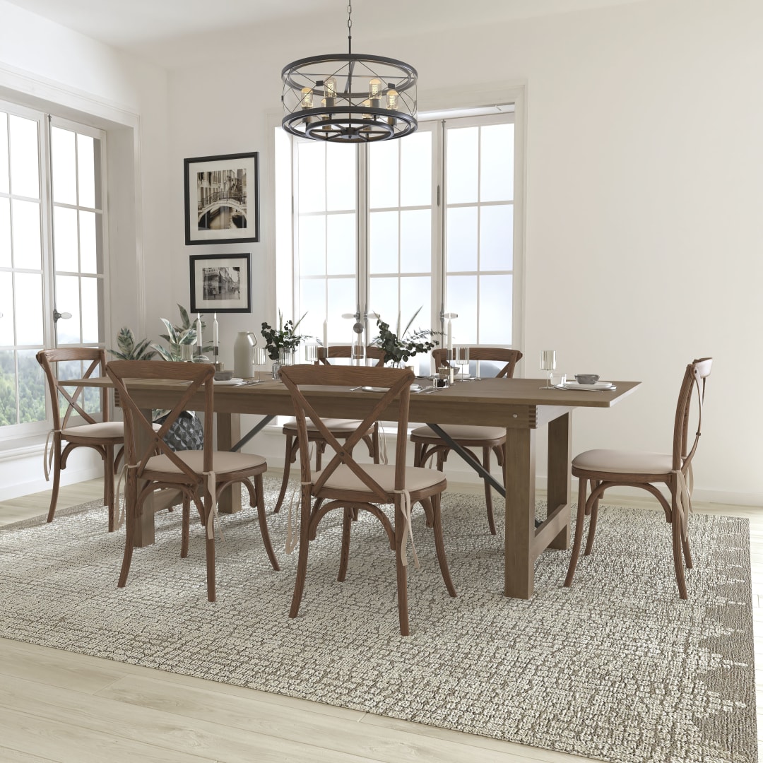 HERCULES Series 8' x 40'' Antique Rustic Folding Farm Table Set with 6 Cross Back Chairs and Cushions