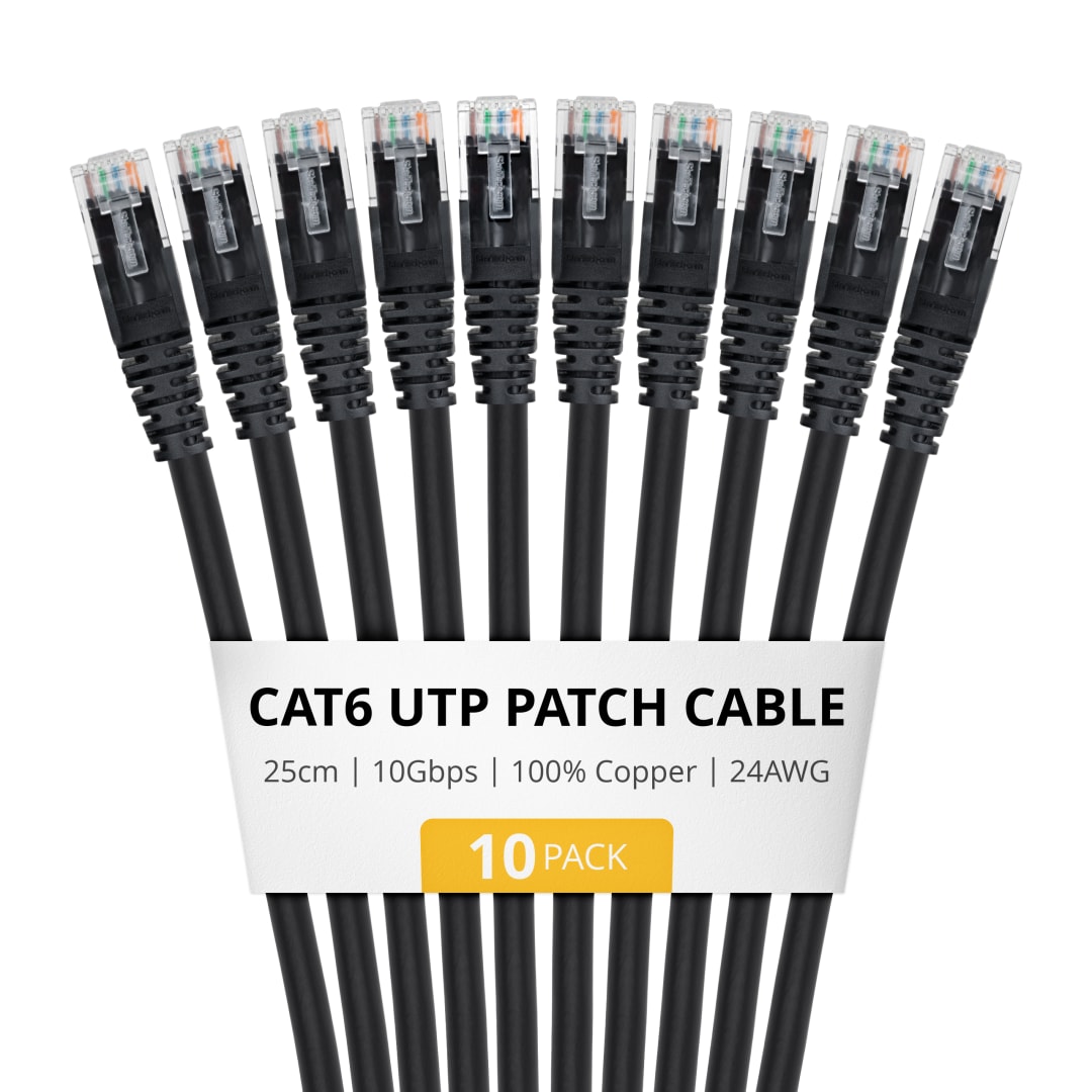 Cat6 UTP Patch Cable, Pure Bare Copper, .25m, Black 10 pack