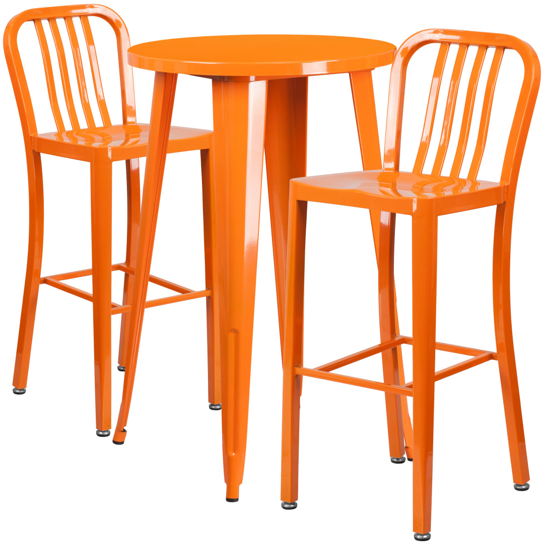Earl Commercial Grade 24" Round Orange Metal Indoor-Outdoor Bar Table Set with 2 Vertical Slat Back Stools