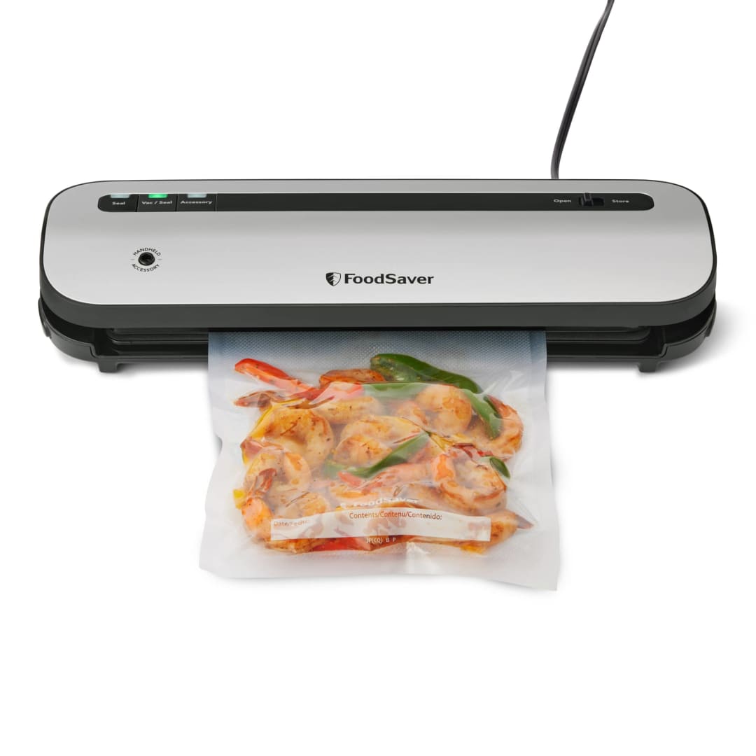 FoodSaver® Space-Saving Vacuum Sealer, Bundle with 12 Precut Bags and 3 Rolls, Silver