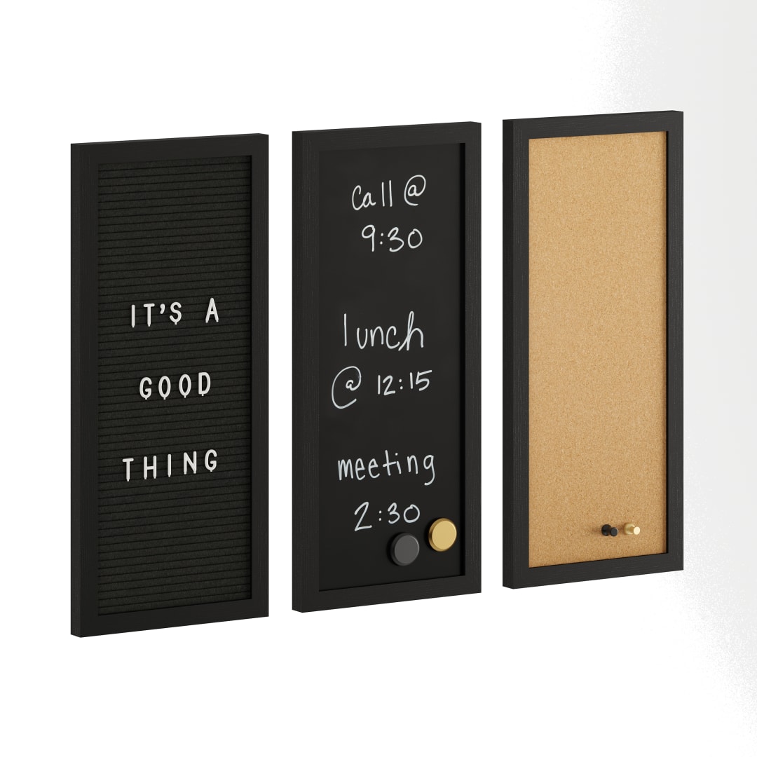 Everette 18" x 24" Cork Board, Chalk Board, Letter Board Set with Included Push Pins, Magnets, Liquid Chalk, Letters, Black Woodgrain Frame