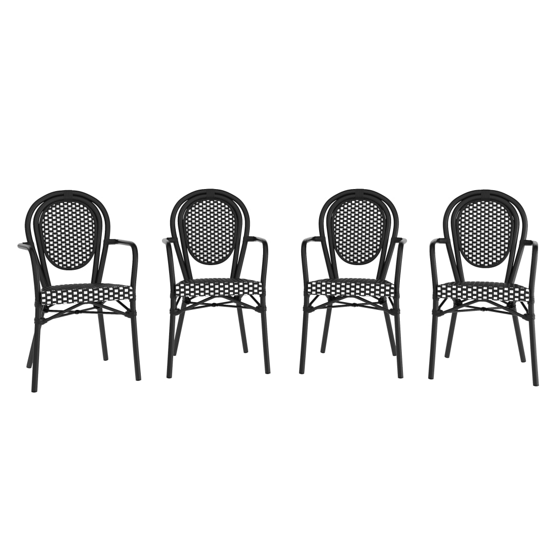 4 Pack Lourdes Indoor/Outdoor Commercial Thonet Bistro Stacking Chair with Arms, Black and White PE Rattan and Black Aluminum Frame