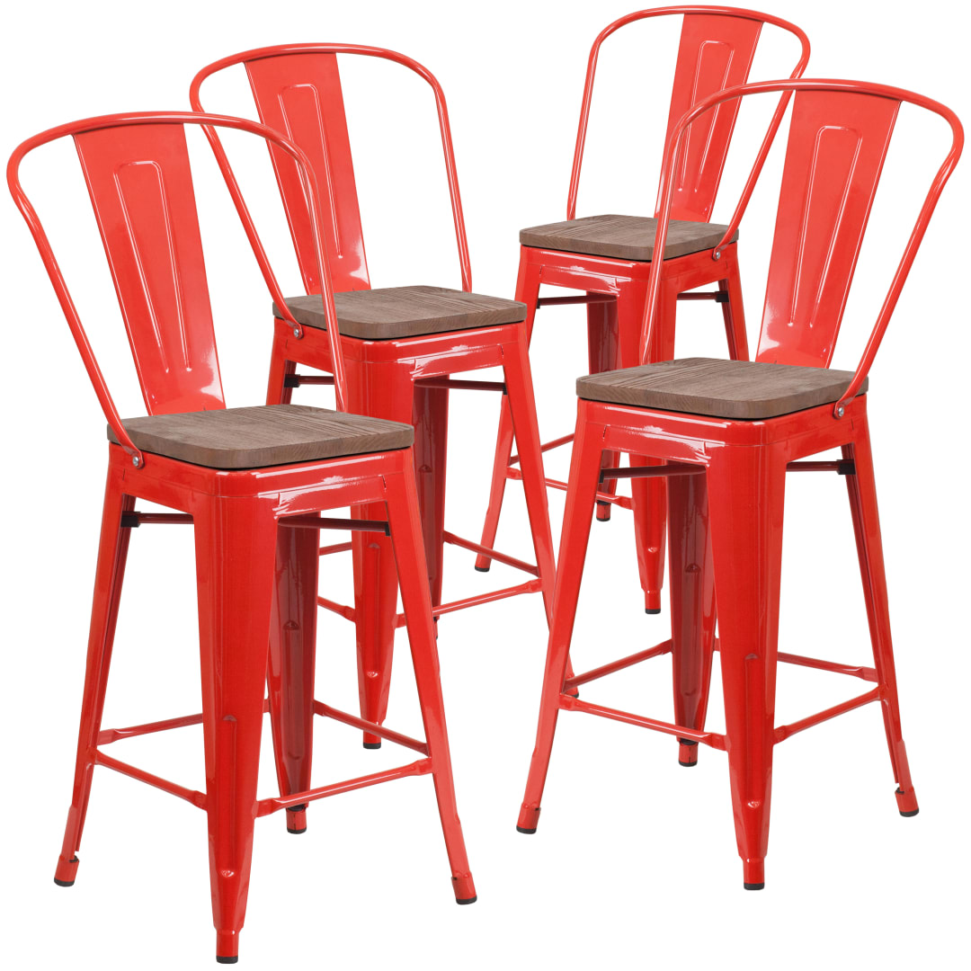 Lily 4 Pk. 24" High Red Metal Counter Height Stool with Back and Wood Seat