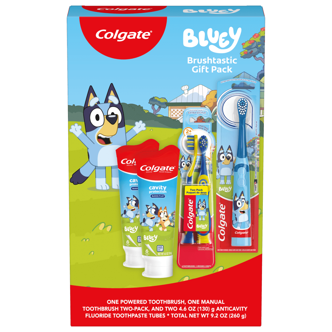 Colgate Kids Bluey Gift Set with Manual Toothbrush and Bubble Fruit Toothpaste, Blue, 2-Piece Dental Care Kit for Children 3 Years and Up