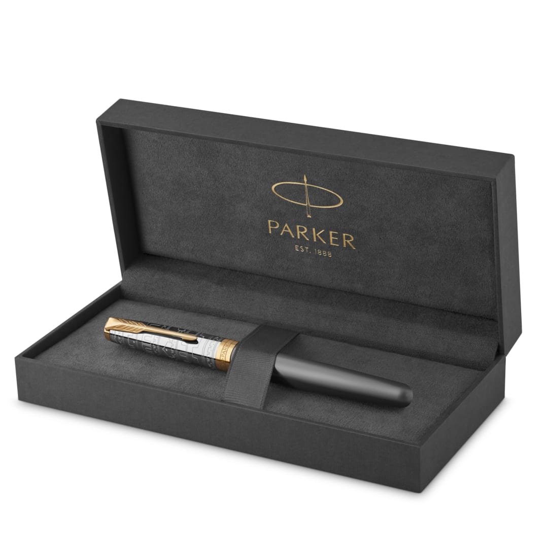 Parker Sonnet Intrerpid Journeys Collection Fountain Pen, Ancient China Edition, Grey Lacquer with Solid Silver Cap & Gold Trims, Fine Solid Gold Nib, Gift Box