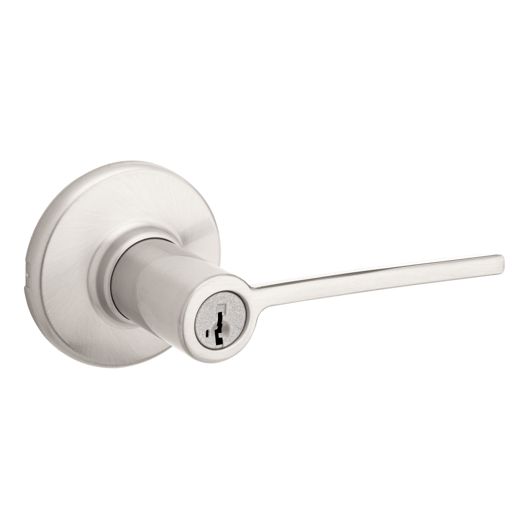 Ladera Round Keyed Entry Lever in Satin Nickel featuring SmartKey Security