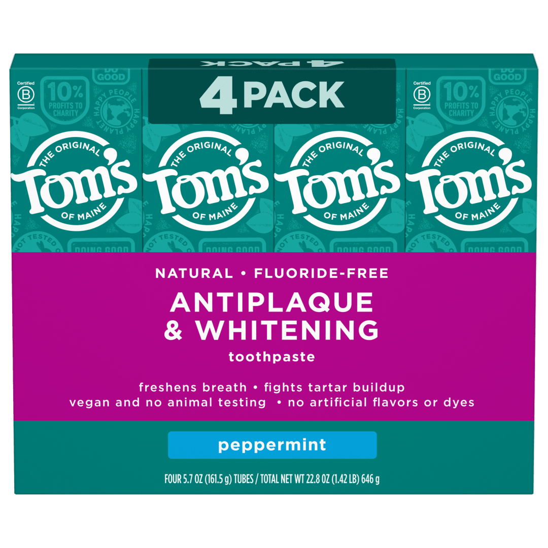 Tom's of Maine Fluoride-Free Antiplaque & Whitening Natural Toothpaste, Peppermint, 5.5 oz. 4-Pack