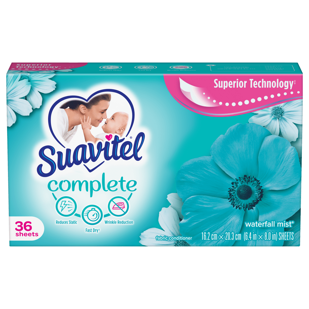 Suavitel Complete Fabric Softener Dryer Sheets, Waterfall Mist - 36 Count