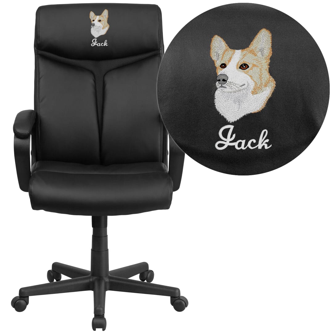 Raya Embroidered High Back Black LeatherSoft Executive Swivel Office Chair with Slight Mesh Accent and Arms