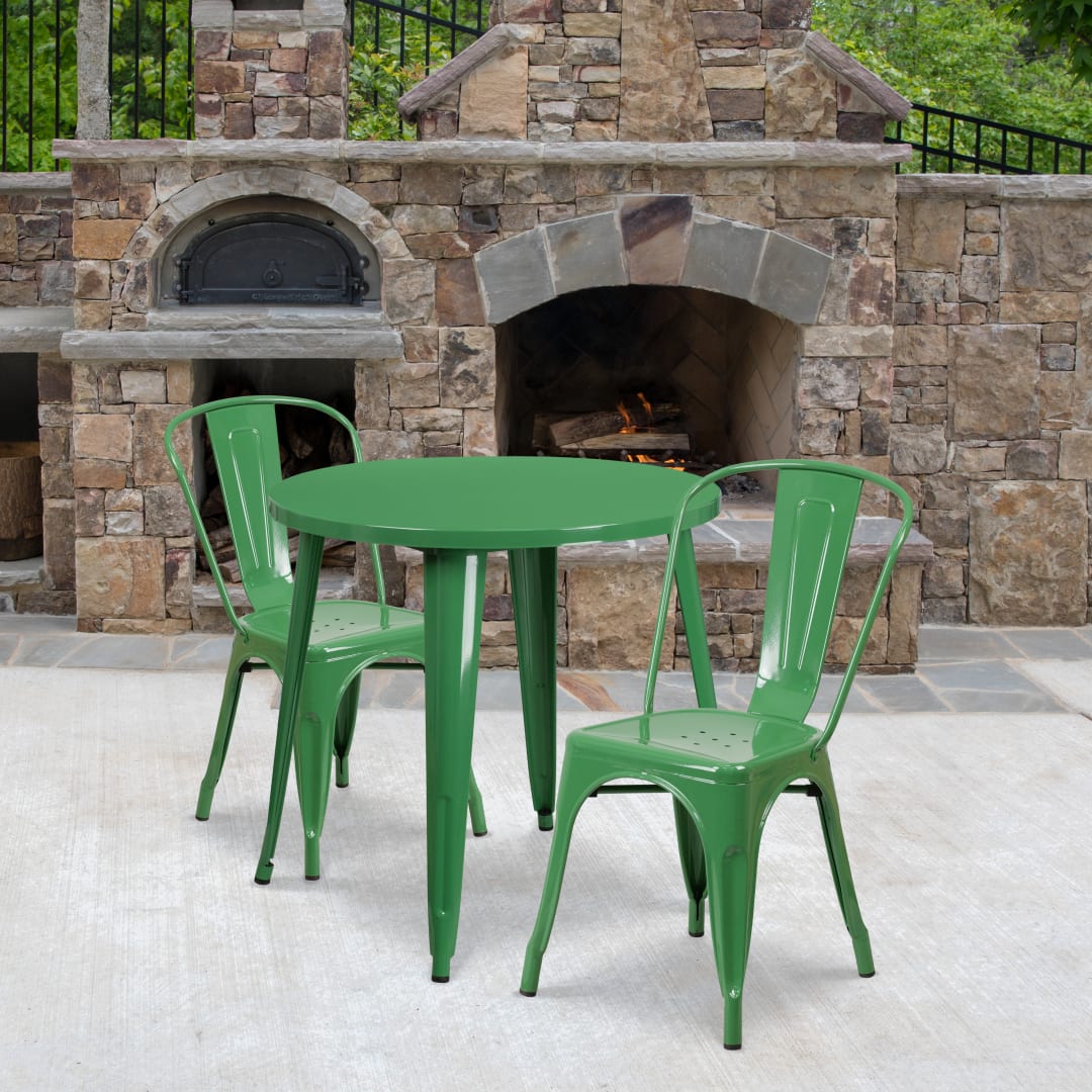 Baker Commercial Grade 30" Round Green Metal Indoor-Outdoor Table Set with 2 Cafe Chairs