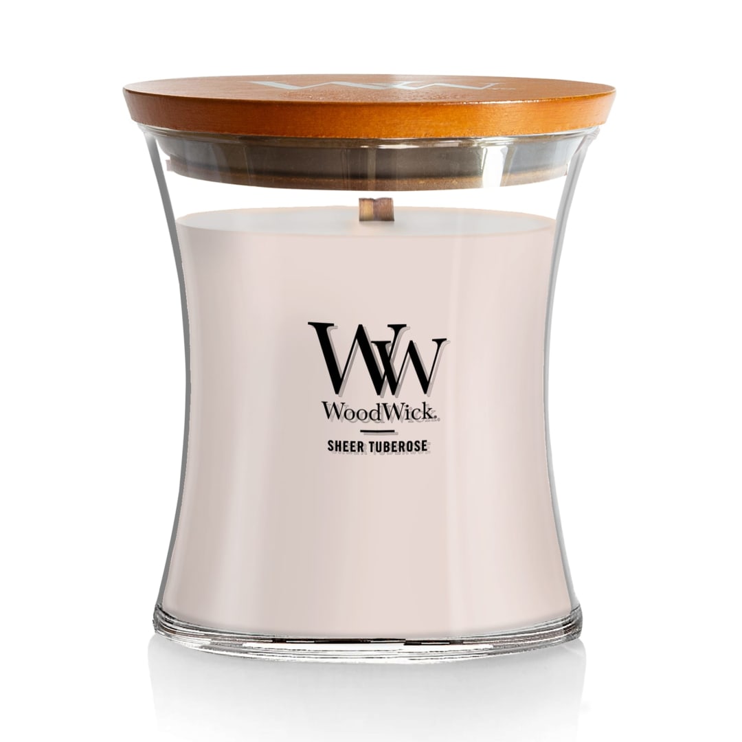 WoodWick® Sheer Tuberose Scented Medium Hourglass Candle, Crackles as it Burns, Great for gifting, 9.7oz