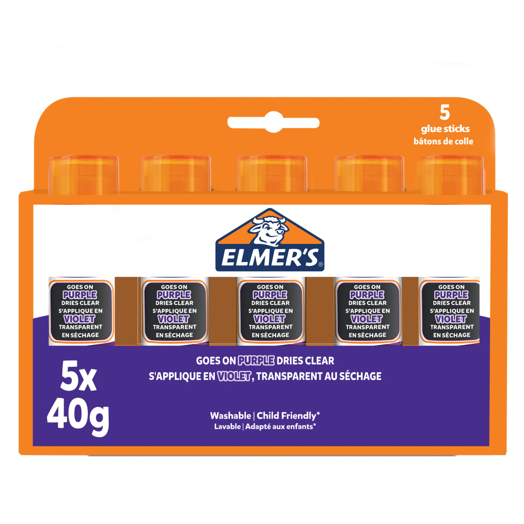 Elmer's barras de pegamento de color morado que desaparece | Se queda transparente al secarse | Ideal para clase y manualidades | Lavable y apto para nios | 40g | 5unidades