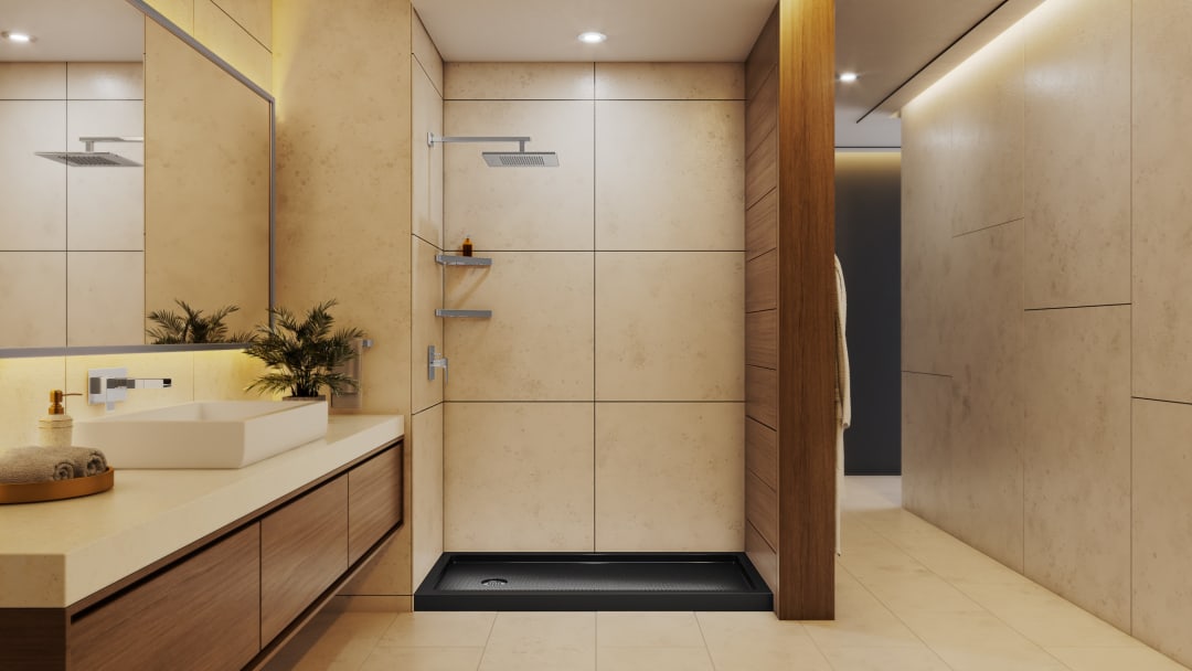 DreamLine SlimLine 30 inch D x 60 inch W x 2 3/4 inch H Single Threshold Black Alcove Shower Base with 2 inch Chrome Left Round Drain