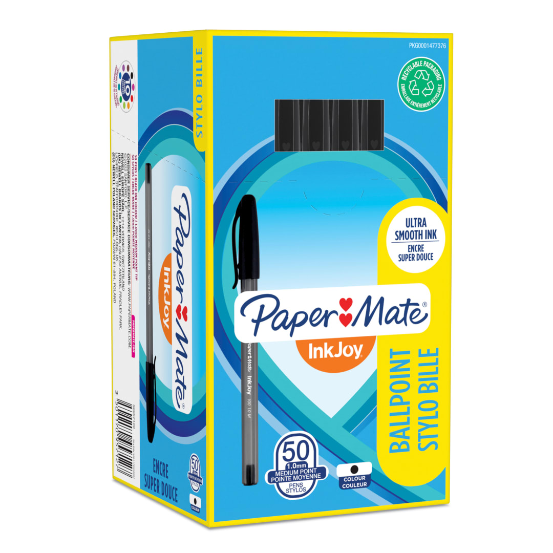 Paper Mate InkJoy 100ST Bolígrafo con capuchón | punta mediana (1,0 mm) | negro | caja de 50