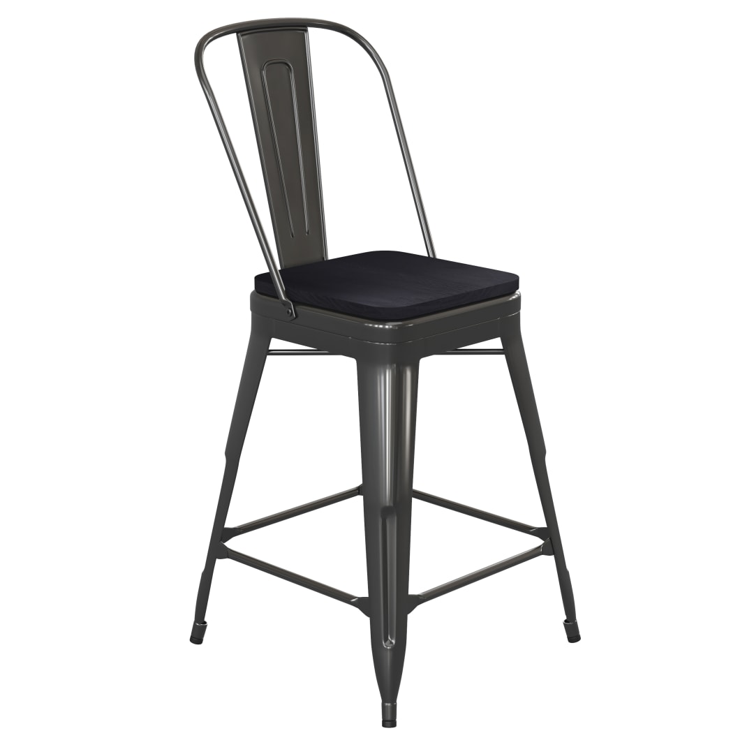 Kai Commercial Grade 24" High Black Metal Indoor-Outdoor Counter Height Stool with Removable Back and Black All-Weather Poly Resin Seat