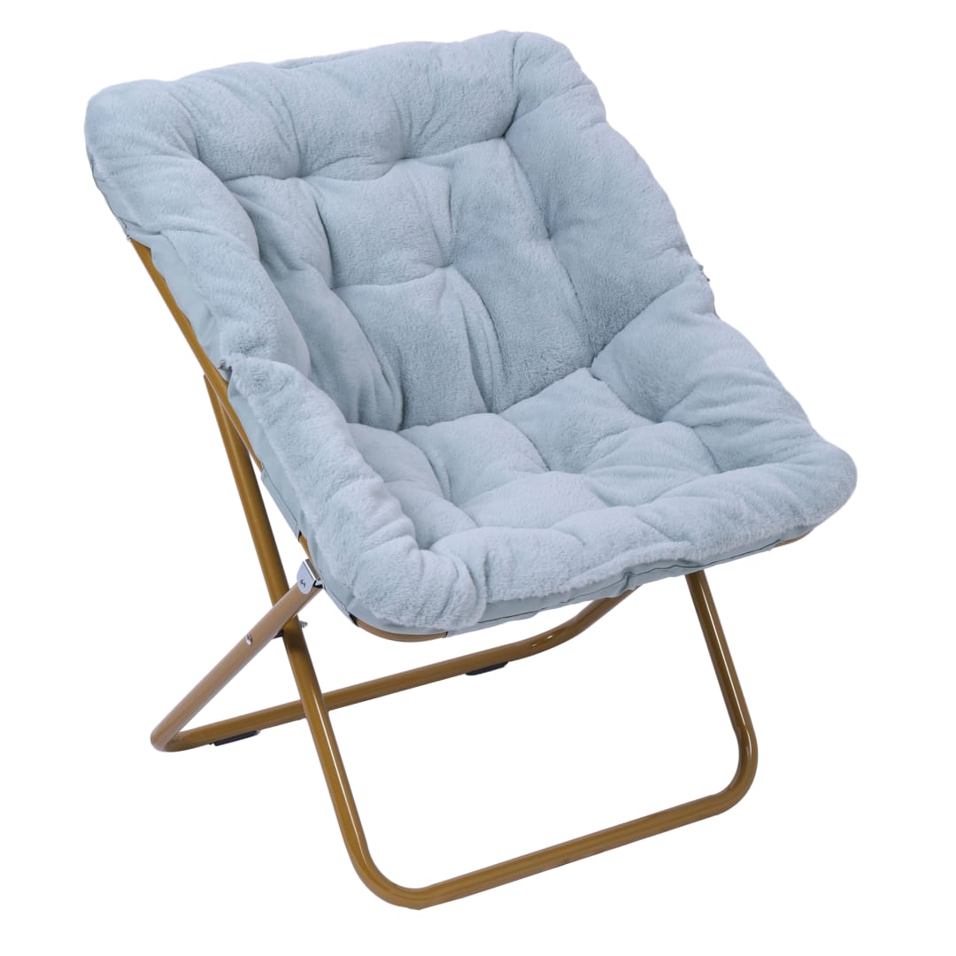 Archer 28" Oversized Portable Faux Fur Folding Saucer Chair for Dorm, Bedroom, Dusty Aqua Faux Fur/Soft Gold Frame