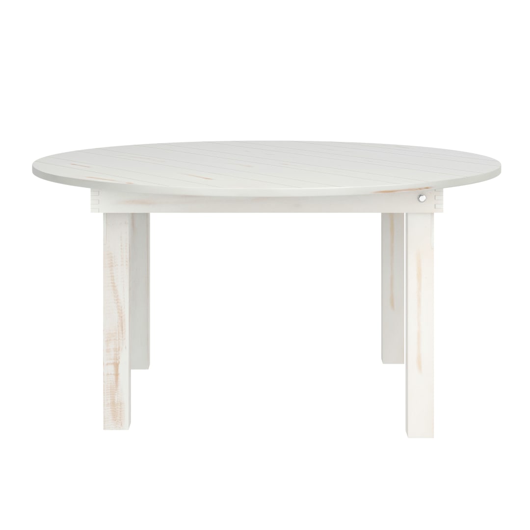HERCULES 60" Round White Commercial Farmhouse Folding Table, Antique Rustic Solid Pine Dining Room Table with Foldable Locking Legs
