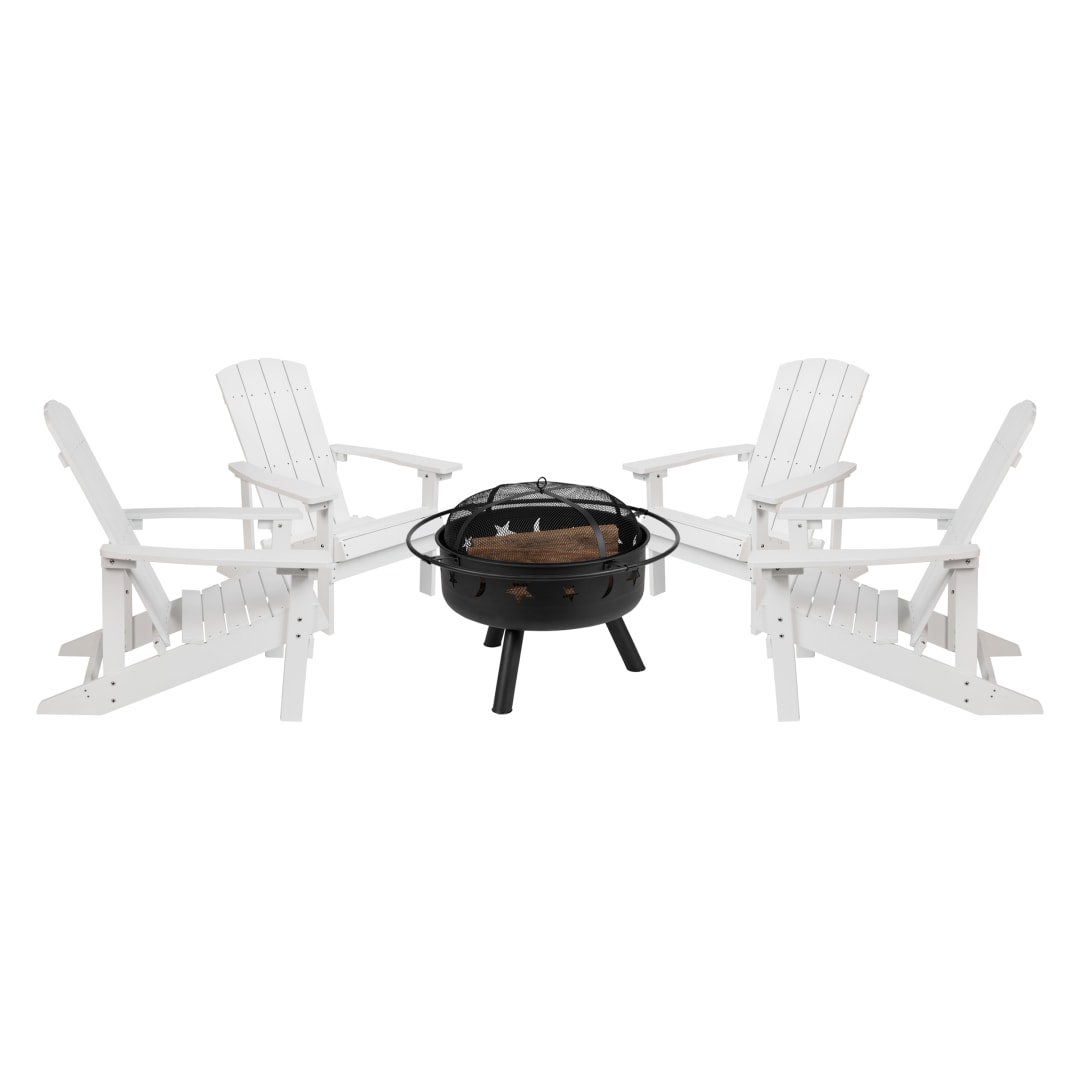 5 Piece Charlestown Commercial White Poly Resin Wood Adirondack Chair Set with Fire Pit - Star and Moon Fire Pit with Mesh Cover