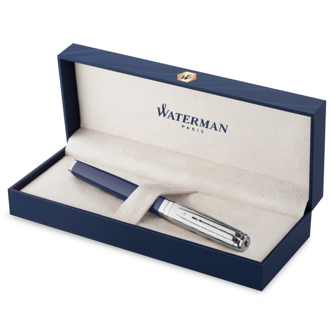 Waterman Exception Fountain Pen | Metal & Blue Lacquer with Palladium Trim and Etched cap | 18K Gold Fine Nib | Gift Box