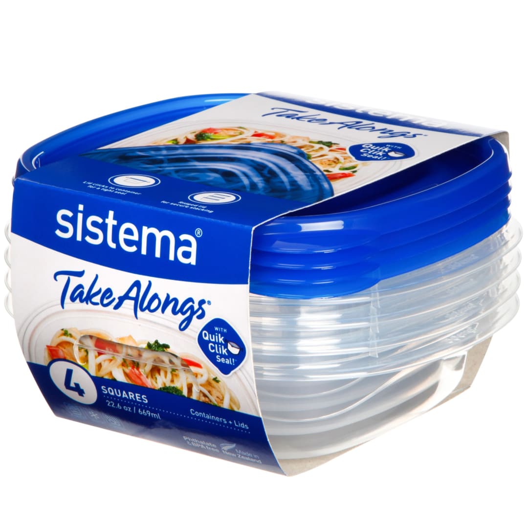 Sistema Takealongs Food Storage Containers | 669 ml Reusable Square Plastic Bowls | Clear with Blue Lid | BPA Free | 4 Count