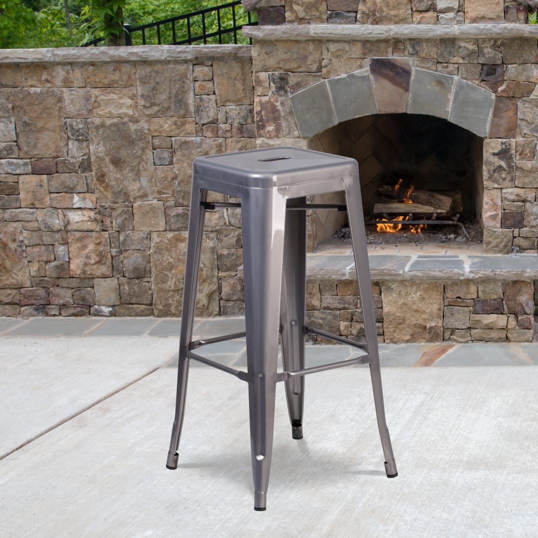 Lincoln 30'' High Backless Silver Antique Finish with Clear Coat Metal Indoor Barstool with Square Seat