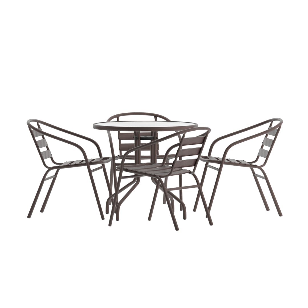 Lila 31.5'' Round Glass Top Metal Table with 4 Bronze Aluminum Slat Stack Chairs