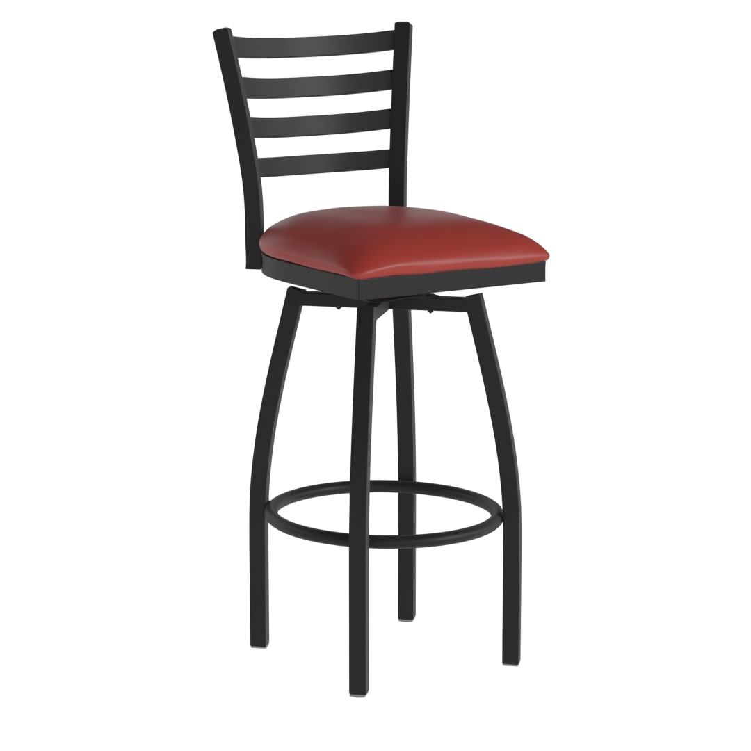 HERCULES Black Ladder Back Swivel Metal Barstool - Red Vinyl Seat