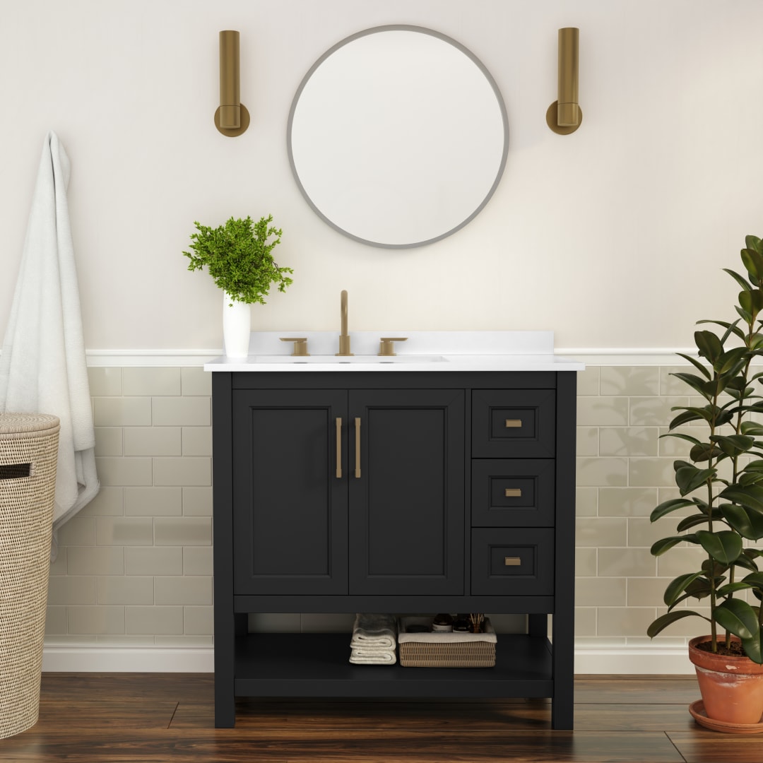 Vega 36 Inch Bathroom Vanity with Sink, Storage Cabinet with Soft Close Doors, Open Shelf and 3 Drawers, Carrara Marble Finish Countertop, Black/Gold